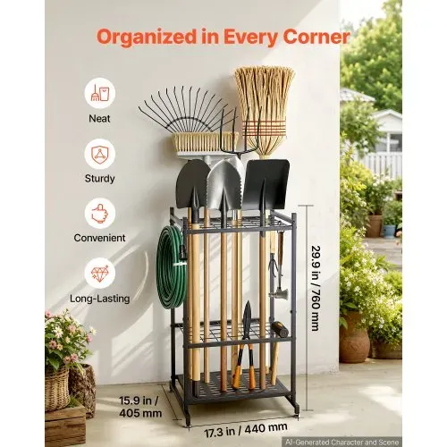 VEVOR Gartengeräte Ständer 440x405x760mm Gerätehalter aus Metall Schwarz, Aufbewahrungsregal für Garage Schuppen Garten, Organizer für Besen Mopp, mit Doppelschichtschlitzen 4 Haken & Nivellierfüßen VEVOR Gartengeräte Ständer 440x405x760mm Gerätehalter aus Metall Schwarz, Aufbewahrungsregal für Garage Schuppen Garten, Organizer für Besen Mopp, mit Doppelschichtschlitzen 4 Haken & Nivellierfüßen