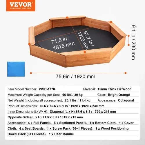 VEVOR Holzsandkasten mit Abdeckung, achteckiger Sandkasten, Sandgrube mit 4 Sitzplätzen & Bodenauskleidung, Kindersandkasten für den Garten, Geschenk für Jungen & Mädchen im Alter von 3–12 Jahren – Bild 6