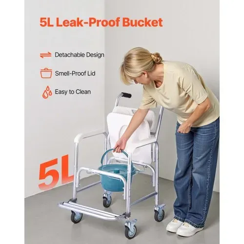 VEVOR Nachttoilettenstuhl 159 kg belastbar, rollbare Toilettensitzerhöhung mit gepolsterter Sitzfläche/Rückenlehne/hochklappbarer Fußstütze, abnehmbarer 5 L Eimer, Duschrollstuhl für Senioren – Bild 5