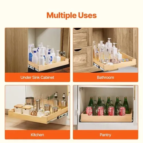 VEVOR Ausziehbarer Schrank-Organizer Schrankschublade Regal (508 x 533 x 76 mm) mit sanftem Schließmechanismus, Holz-Schiebeschublade Unter- und Seitenmontage, für Küche Speisekammer Badezimmer – Bild 5