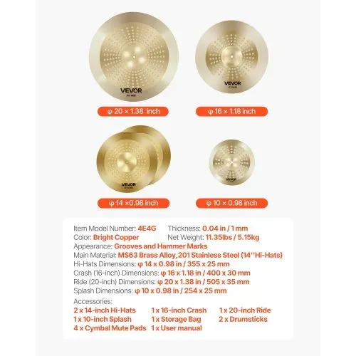 VEVOR Beckenset 4-teilig 254mm Splash 355mm HiHat 400mm Crash 505mm Ridebecken (10 14 16 20 Inches) – Bild 6