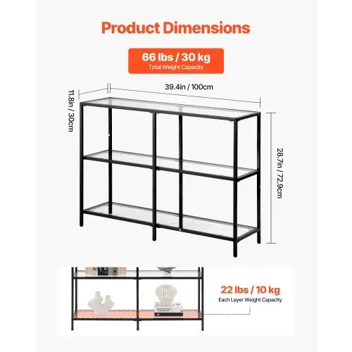 VEVOR 3-stufiger Konsolentisch moderner Flurtisch (100 x 30 x 72,9 cm) mit Platte aus gehärtetem Glas, 30 kg belastbarer Beistelltisch mit Kippschutz für Wohnzimmer Eingangsbereich Foyer Schwarz – Bild 2
