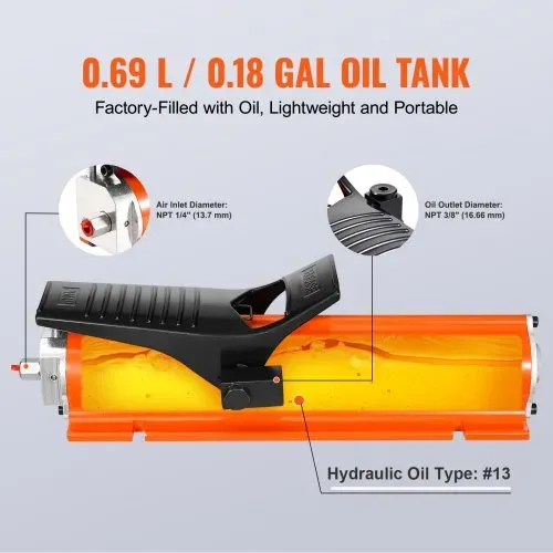 VEVOR 10.000 PSI Lufthydraulikpumpe, 0,69 L Behälter, NPT 3/8 Zoll Auslass, NPT 1/4 Zoll Einlass, luftbetätigte Fußpumpe mit Metallgehäuse, für Präzisionsindustriemaschinen und Luft- & Raumfahrtgeräte – Bild 3