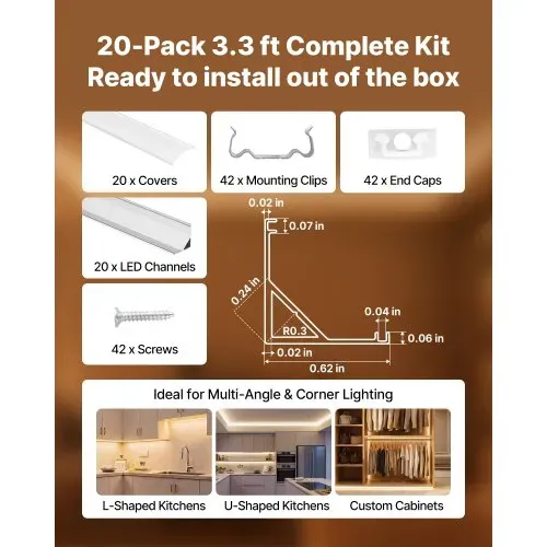 VEVOR LED Profil 20er-Pack 1 m, Eloxierte Aluminiumprofile mit Milchiger Abdeckung, Endkappen & Befestigungsclips, Kanäle, Diffusor für LED-Streifen, Ideal für Unterbau-Arbeitsplatten, V-Form – Bild 3
