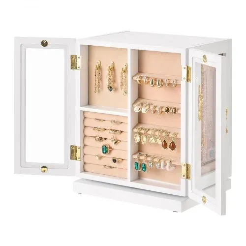 VEVOR Schmuckkästchen 360° drehbarer Schmuckkasten mit 5 Schubladen & Acrylfenster & 4 Halskettenhaken auf jeder Seite, Aufbewahrungskoffer mit Metallgriffen, Bodenpolster & weichem Samtfutter weiß – Bild 8