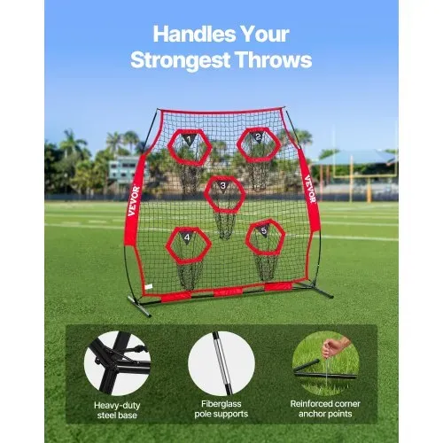 VEVOR Fußballtrainer Wurfnetz Übungsnetz (208 x 91 x 189 cm) mit 5 Zieltaschen & tragbarer Aufbewahrungstasche & Gurten & knotenlosem Netz, Training für die Passgenauigkeit des Quarterbacks, rot – Bild 3