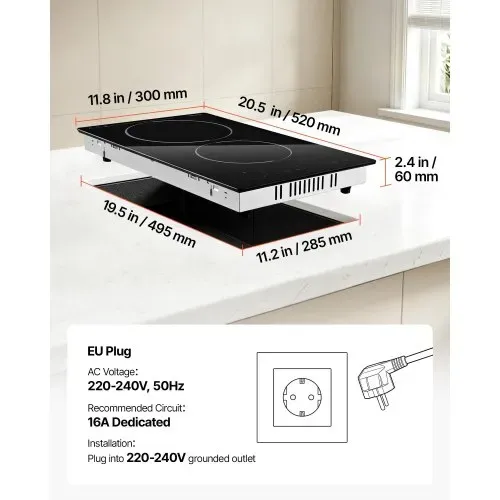 VEVOR Glaskeramikkochfeld 52 x 30 cm Einbau Elektrokochfeld 3000 W 2 Kochzonen, Keramikkochfeld mit 9 Leistungsstufen, Timer, Kindersicherung, Überhitzungsschutz und Touch-Bedienung – Bild 6
