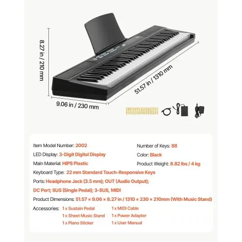VEVOR Digitalpiano 88 Tasten Halbgewichtet E-Piano Elektronisches Keyboard Geeignet für Anfänger und Fortgeschrittene, 128 Klänge und Rhythmen, HiFi-Stereolautsprecher, Pedal, Notenablage, USB/MIDI – Bild 6