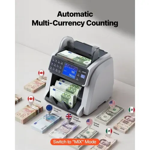 VEVOR Geldzählmaschine Banknotenzähler mit UV/MG/IR/DD/DBL/HLF/CHN Falschgelderkennung LED-Display, Wertzähler Unterstützt Mehrere Währungen & Gemischte Banknoten, Geldzähler Max. 1500 Banknoten/Min. – Bild 3