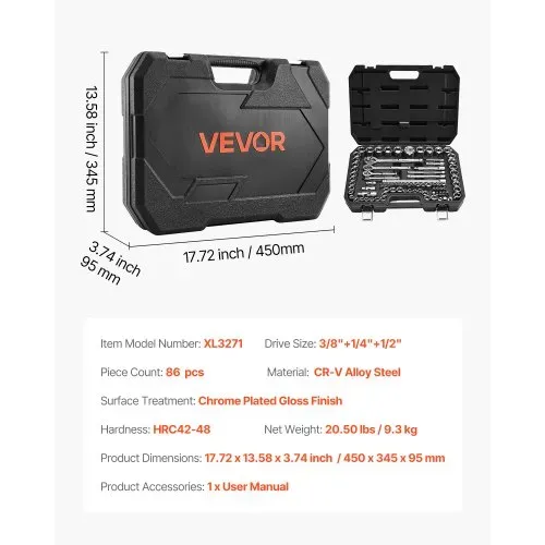 VEVOR Steckschlüsselsatz 86-tlg. 9,5/6,4/12,7 mm Antriebssteckschlüssel & Ratschensatz, SAE und metrisch, Werkzeugsatz mit Ratschenschlüssel, Zubehör und Aufbewahrungskoffer, CR-V-Legierungsstahl – Bild 6