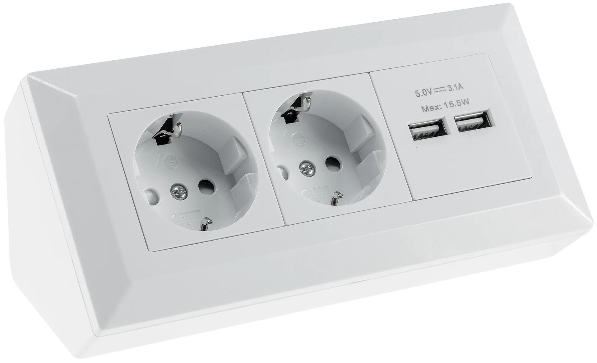 2-fach Steckdosenblock + 2x USB, weiß 250V~/ 16A, Aufbaumontage, USB 3,1A 2-fach Steckdosenblock + 2x USB, weiß 250V~/ 16A, Aufbaumontage, USB 3,1A