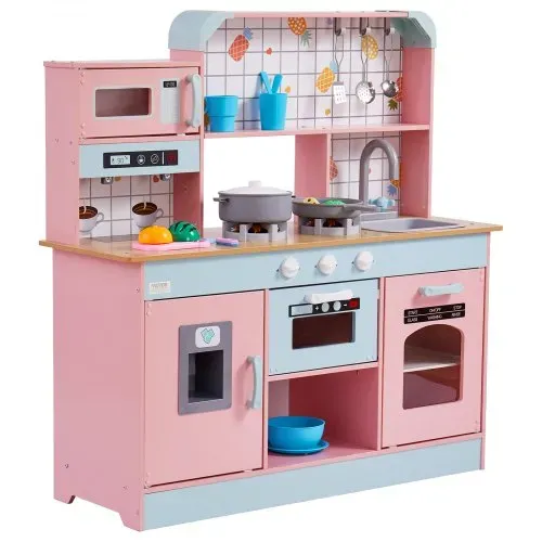 VEVOR Spielküche für Kinder, Holzspielzeug-Küchenset mit Lichtern und Geräuschen, Kleinkinderküche mit Eismaschine, Ofen, Spüle, Mikrowelle, Kühlschrank und Utensilien- und Obstzubehör für Kleinkinder im Alter von 3–8 Jahren, Rosa – Bild 9