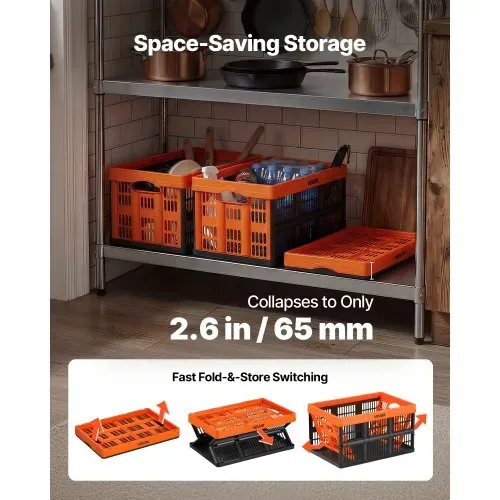 VEVOR Klappbox 45 L 6er-Pack, Faltbare Aufbewahrungsboxen aus Kunststoff, Stapelbare Klappkörbe mit Griffen, Tragkraft 15 kg pro Box, Klappkiste, Ideal für Haushaltsorganisation, Orange & Schwarz – Bild 3