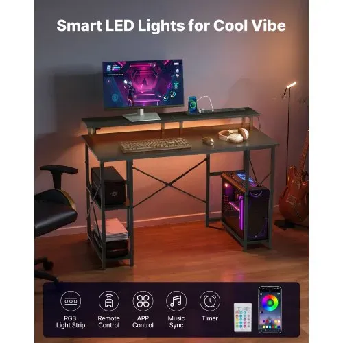 VEVOR Computertisch Bürotisch Schreibtisch mit intelligenten LED-Leuchten & Steckdosen, Arbeitstisch mit Monitorständer & 2-stufigen Lagerregalen, Arbeitszimmer Wohnzimmer Homeoffice Schwarz VEVOR Computertisch Bürotisch Schreibtisch mit intelligenten LED-Leuchten & Steckdosen, Arbeitstisch mit Monitorständer & 2-stufigen Lagerregalen, Arbeitszimmer Wohnzimmer Homeoffice Schwarz
