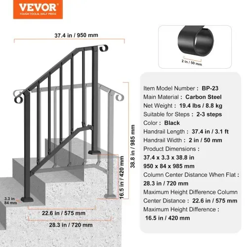 VEVOR Handläufe für Außentreppen, 2–3-stufiges Treppenhandlauf-Set, Übergangsgeländer aus Karbonstahl mit Montagesatz, Treppengeländer für Senioren, Betonstufen & Veranda & Deck, schwarzer Retro-Bogen – Bild 6