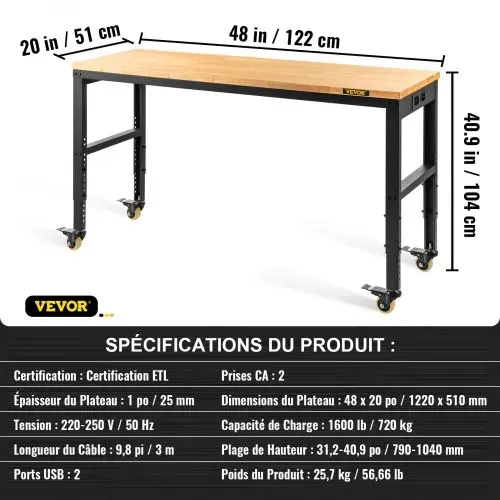VEVOR Höhenverstellbare Werkbank 122 x 51 x 79 - 104 cm Spanntisch, 720 kg Gewichtskapazität Arbeitstisch, Braun Klappbare Werkzeugbank aus Kaltgewalzter Stahl, Multifunktionswerktisch für Werkstatt – Bild 6