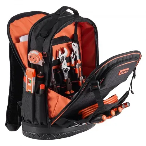 VEVOR Werkzeugrucksack, 65 Taschen, Werkzeug-Aufbewahrungs-Organizer, Backpack mit Laptopfach & geformtem Boden, Baustellenrucksack für Elektriker, Reparaturarbeiter & Heizungstechniker – Bild 9