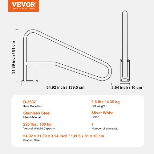 VEVOR Pool-Handlauf, 1395 x 810 x 100 mm Pooleinstieg Edelstahl mit Grundplatte für Innen-/Außenpools, Einstieghilfe für Decks, rostfreier Haltegriff mit Griffabdeckung und Zubehör für Spas – Bild 6