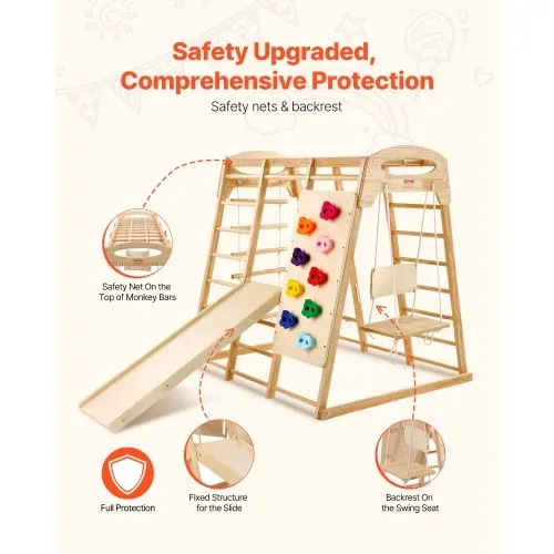 VEVOR Indoor Klettergerüst, 7-in-1 Multifunktional Spielplatz, mit Holz- & Seilleiter, Netzleiter, Schaukel, Kletterstange, Rutsche, Kletterwand, Kletterspielzeug für Kinder im Alter von 2-6 Jahren – Bild 4