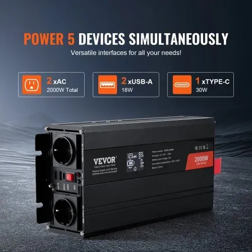 VEVOR Wechselrichter mit reiner Sinuswelle 2000W DC 12V AC 230V Spannungswandler mit 2 AC-Steckdosen 2 USB-Anschlüssen 1 Typ-C-Anschluss LCD-Display und Fernbedienung für mittelgroße Haushaltsgeräte – Bild 3