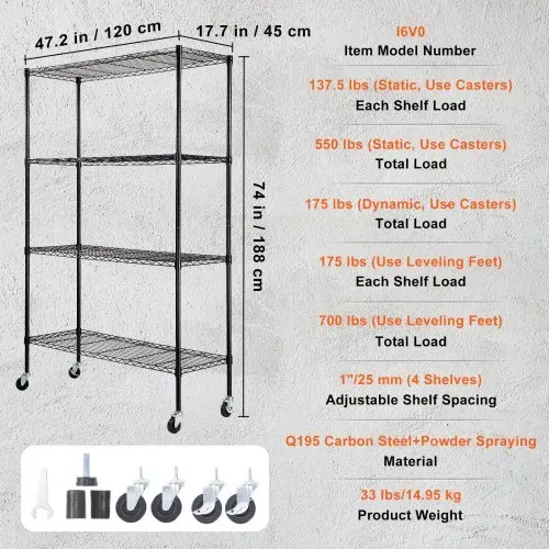 VEVOR Lagerregal mit Rädern, 4-stufig verstellbar, 700 lbs Kapazität, robuste Garagenregale, Metall-Organizer, Drahtregal, schwarz, 120 x 45 x 188 cm für Küche, Speisekammer, Keller, Badezimme – Bild 6