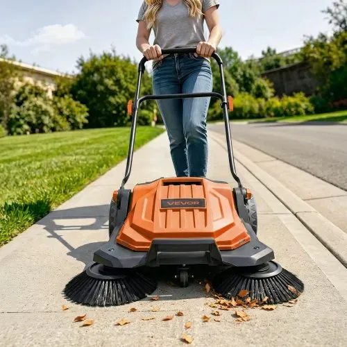 VEVOR Kehrmaschine Manuell, Handkehrmaschine mit 650 mm Arbeitsbreite, 18,9-L-Kehrbehälter & Verstellbarem Klappgriff, Bodenreinigungsmaschine für Höfe, Gehwege, Terrassen & Garagen – Orange – Bild 7