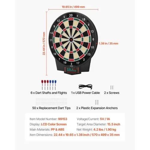 VEVOR Elektronische Dartscheibe, 393 mm E-Dartsboard mit 43 Spielen & über 320 Variationen für bis zu 8 Spieler, 6 Darts mit Flights & 50 Ersatz-Dartspitzen, Farb-LCD-Punkteanzeige – Bild 6