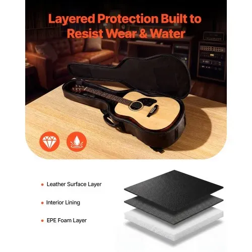 VEVOR Gitarrentasche für 41-Zoll-Akustikgitarren mit Tragegriff Schwarz, Gitarrenrucksack mit Schaumstoffpolsterung, Außenzubehörfach und Schultergurten, 1195 mm Gig Bag aus PU-Leder – Bild 2