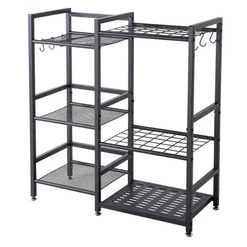 VEVOR Gartengeräte Ständer 740x300x805mm 3-Stöckiger Gerätehalter Schwarz, Aufbewahrungsregal für Garage Schuppen Garten & Outdoor, Organizer aus Stahl mit 3 Ablagefächern 6 Haken & Nivellierfüßen – Bild 10
