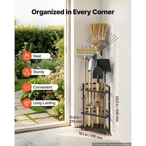 VEVOR Gartengeräte Ständer 410x275x610mm Gerätehalter für Ecke Schwarz, Aufbewahrungsregal für Garage Garten, Organizer aus Stahl für Besen Mopp Rechen, mit Doppelschichtschlitzen & Nivellierfüßen VEVOR Gartengeräte Ständer 410x275x610mm Gerätehalter für Ecke Schwarz, Aufbewahrungsregal für Garage Garten, Organizer aus Stahl für Besen Mopp Rechen, mit Doppelschichtschlitzen & Nivellierfüßen