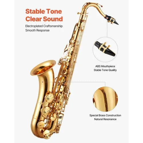 VEVOR Tenorsaxophon, B-Dur, Messingsaxophon-Anfängerset mit Tragetasche, Mundstück, Gurten, Reinigungstuch, Handschuhen, Umhängeband, 23-Tasten-Tenorsaxophon-Set, für Anfänger & Schüler, Gold – Bild 2