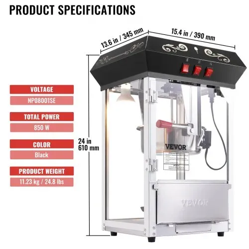 VEVOR Popcornmaschine Popcornautomat Popcorn-Maker, 850 W Popcornmaschine 8 oz Kessel für 48 Tassen pro Ladung, Popcornmaschine für die Arbeitsplatte mit gehärtetem Glas, inklusive 4 Schaufeln – Bild 6