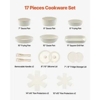VEVOR Induktion Töpfe Pfannen Set (17-teilig) mit Glasdeckel antihaftbeschichtetes Kochgeschirr mit abnehmbarem Griff, Induktionskochtöpfe zum Braten, Würzen von Soßen und Kochen (Weiß) VEVOR Induktion Töpfe Pfannen Set (17-teilig) mit Glasdeckel antihaftbeschichtetes Kochgeschirr mit abnehmbarem Griff, Induktionskochtöpfe zum Braten, Würzen von Soßen und Kochen (Weiß)