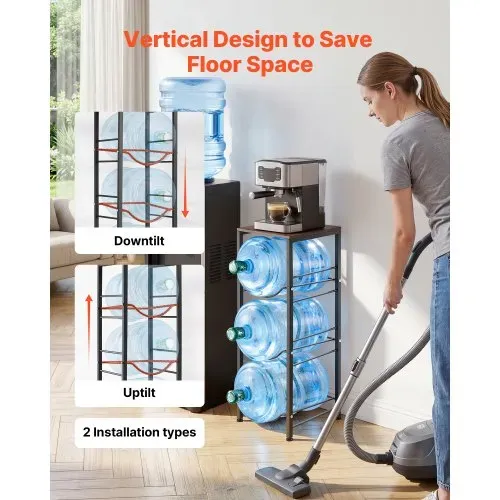 VEVOR Wasserkrughalter Metall, 4-Stufig, für 3 Wasserflaschen, Wasserkrugregal mit Ablagefach, Wasserspenderregal Wasserbehälterregal für Küche, Büro & Wohnzimmer, Schwarz & Braun – Bild 2