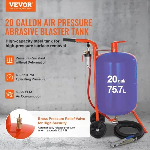 VEVOR Mobiles Sandstrahlgerät 75,7 L Sandstrahlanlage ca. 244 cm Arbeitsschlauch Sandstrahler 60–110 PSI Arbeitsdruck ideal zum Entfernen von Rost, Farbe, Flecken und das Polieren großer Flächen