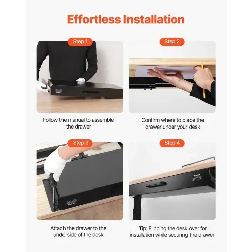 VEVOR Untertisch Schublade 635x232x75 mm, Unterbau Schreibtisch, versteckter Schreibtisch-Aufbewahrungs-Organizer, Bleistiftschublade unter dem Tisch für Sitz-Steh-Arbeitsplätze im Büro & zu Hause – Bild 6