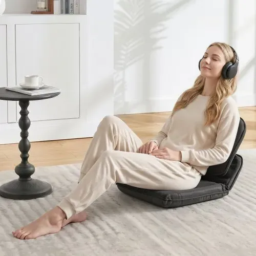 VEVOR Bodenstuhl, 5-Positionen Verstellbarer, Bodensessel mit Ergonomischer Rückenlehne, Metallrahmen, Schaumstoff & Leinenbezug, Relaxsessel Multifunktional zum Lesen & Entspannen, Schwarz – Bild 7