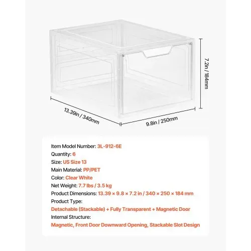VEVOR Schuhaufbewahrungsboxen stapelbare Schuhboxen (6 Stk.) passend bis US-Größe 13, Schuh-Organizer aus PP/PET mit magnetischer Tür zur Aufbewahrung von High Heels & Stiefeln & Hüten, klar Weiß – Bild 6