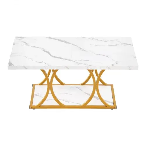 VEVOR Couchtisch Beistelltisch in Marmoroptik, zweistufiger rechteckiger Beistelltisch Sofatisch mit Metallgestell & geometrischen Beinen & 95 kg Tragkraft, minimalistischer Wohnzimmertisch Weiß – Bild 10