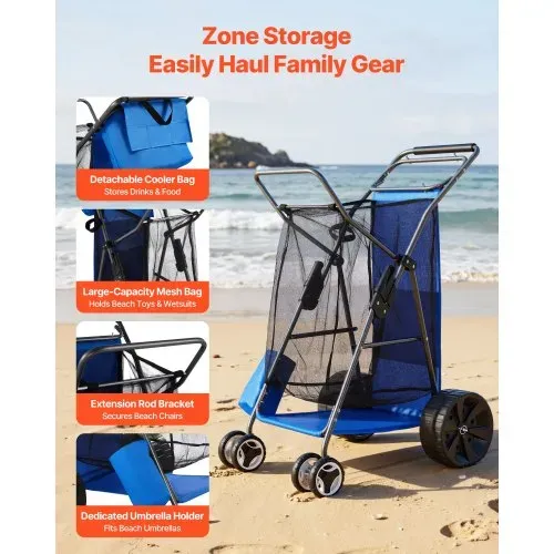 VEVOR Strandwagen mit Vollgummirädern (10 Zoll), Faltbarer Strandtrolley mit Isoliertasche & Schirmhalter, Handwagen (75 kg Belastbar) für bis zu 4 Strandstühle, Strandkarre Ideal für Camping & Angeln – Bild 4