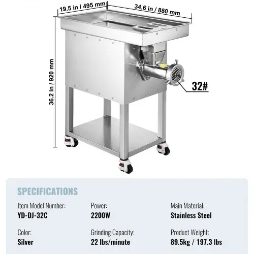 VEVOR kommerzieller Fleischwolf 9,98 kg/min elektrischer Fleischwolf 2200 W mit Klingen & Mahlplatten, Wurstmaschine, gewerblicher Fleischwolf aus Edelstahl für Küche Restaurant Metzgerei – Bild 6