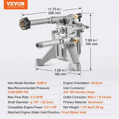 VEVOR Hochdruckreinigerpumpe, 7/8 Zoll Welle vertikal, 3100 PSI, 2,5 GPM, Ersatz-Hochdruckreinigerpumpen-Set mit 5 Düsen, Hardware und Siphonrohr, bis zu 150 Stunden, Hochdruckreiniger Ersatzpumpe – Bild 6