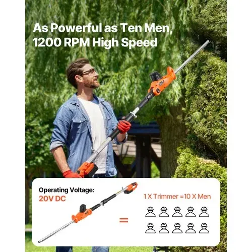 VEVOR Heckenschere Akku, 1200 U/min, 199-248 cm ausziehbar, Heckentrimmer für hohe Äste, 20-V-Akku, kabellose Elektroheckenschere mit 51 cm Klinge, 5 Winkel einstellbar für Hof und Garten – Bild 2