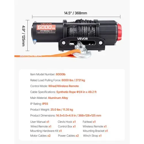 VEVOR Elektrische Seilwinde 2721 kg, 12V Motorwinde mit Φ6,35 mm x 15 m Synthetikseil, Kabelloser & Kabelgebundener Fernbedienung, Elektrowinde zum Abschleppen von ATVs, UTVs & Offroad-Fahrzeugen – Bild 6