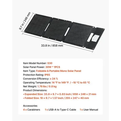 VEVOR Faltbares Solarpanel 30 W, 16BB N-Typ Monokristallines Solarmodul, Tragbares Solarladegerät mit USB-A-, USB-A (QC3.0)- & Typ-C-Anschlüssen für Camping, Rucksackreisen, Handys & Tablets – Bild 6