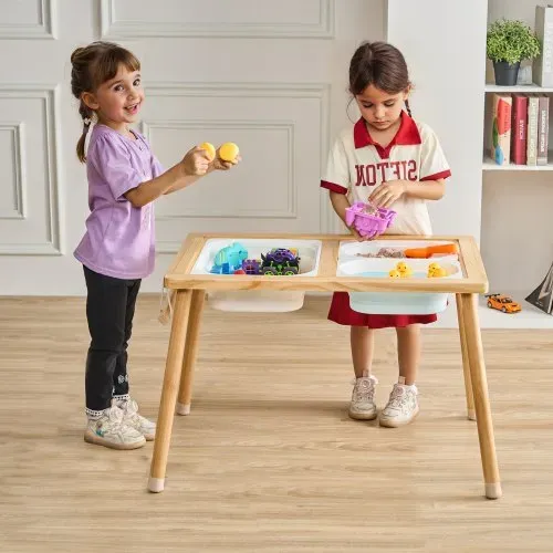 VEVOR Sensorischer Tisch Aktivitätstisch für Kinder mit 3 faltbaren Aufbewahrungsbehältern & Papierrollenhalter, Sand- und Wassertisch sensorischer Zeichentisch aus Holz, Geschenke für Kinder – Bild 7