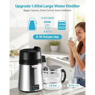 VEVOR Wasserdestilliergerät 6 L größerer Reinwasserfilter, 900 W Destilliergerät aus Glas, Trinkwassergerät mit Edelstahlinnenraum zur Herstellung von sauberem Wasser, Wasserdestillierer Silber VEVOR Wasserdestilliergerät 6 L größerer Reinwasserfilter, 900 W Destilliergerät aus Glas, Trinkwassergerät mit Edelstahlinnenraum zur Herstellung von sauberem Wasser, Wasserdestillierer Silber