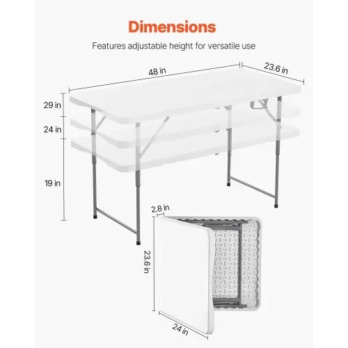 VEVOR Klapptisch Buffettisch tragbarer Allzwecktisch 122 cm, rechteckiger Kunststofftisch mit verstellbarer Höhe & integriertem Griff, Gartentisch Campingtisch für Partys Picknick Camping, weiß – Bild 3