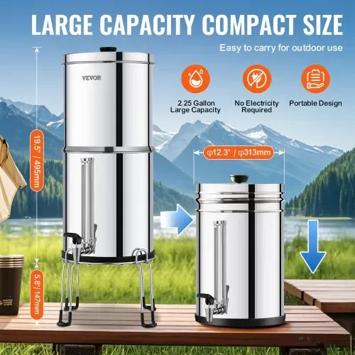 VEVOR Schwerkraft Wasserfiltersystem Edelstahl Arbeitsplattensystem 7,8+8,5L Wasserfiltrationssystem, reduziert Blei und bis zu 99 % Chlor, mit 2 Keramik-Kohlefiltern & Zapfhahn, Camping Wohnmobil – Bild 4