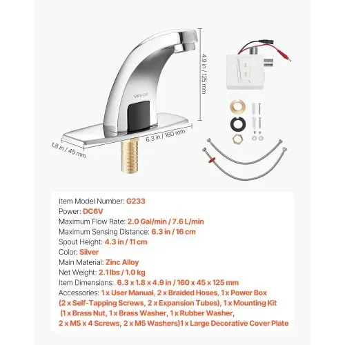 VEVOR berührungsloser Waschtischhahn (verchromtes Silber) Badezimmer, automatische Waschtischarmatur (Nur kaltes Wasser), batteriebetriebener Wasserhahn Toilettenhahn mit Lochabdeckung G233 – Bild 6